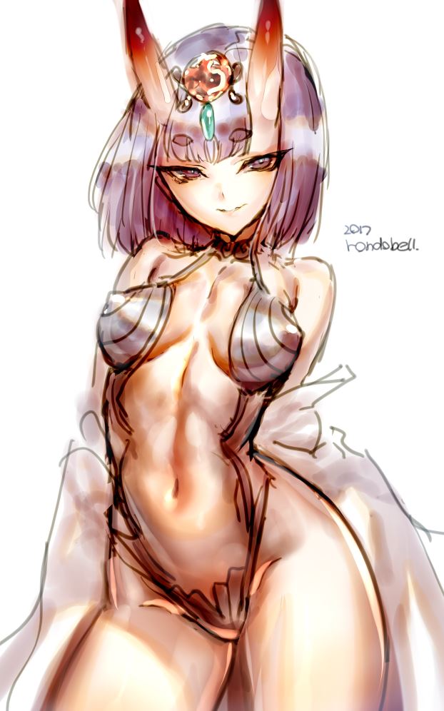 1girl 2017 bare_shoulders breasts eyebrows_visible_through_hair fate/grand_order fate_(series) horns looking_at_viewer medium_breasts navel purple_hair revealing_clothes rondo_bell short_hair shuten_douji_(fate/grand_order) simple_background smile solo standing thick_eyebrows thighs violet_eyes white_background