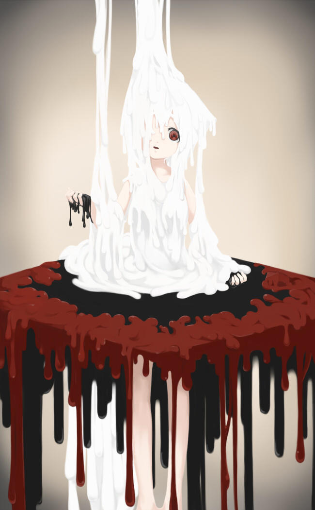 1girl bare_legs collarbone dripping full_body hand_up head_tilt hidarikata inubashiri_momiji looking_at_viewer parted_lips red_eyes solo standing tagme touhou