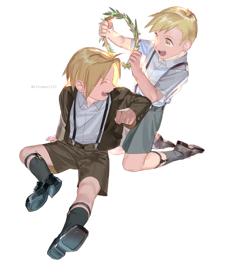 2boys alphonse_elric artist_name black_legwear blonde_hair brothers brown_jacket brown_shorts child closed_eyes crown edward_elric fullmetal_alchemist grey_shorts grin holy_pumpkin multiple_boys open_mouth playing shirt short_hair shorts siblings simple_background smile suspenders twitter_username white_background white_shirt yellow_eyes