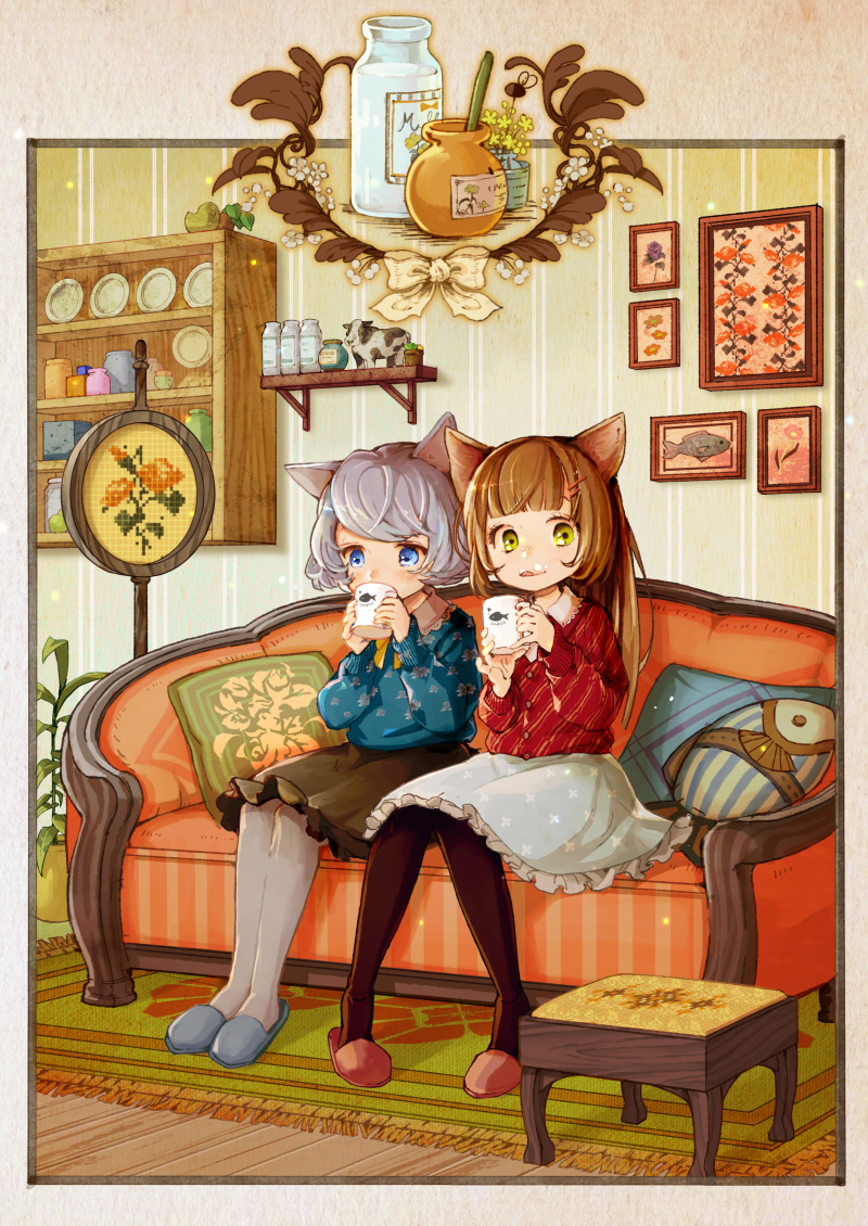 2girls animal_ears bangs black_legwear blue_eyes blunt_bangs bottle brown_hair child commentary couch cow cup dish drinking fish green_eyes grey_legwear hair_ornament hairclip honey honeypot indoors jar knees_together_feet_apart licking_lips light_particles long_hair looking_at_viewer milk milk_bottle mug multiple_girls original painting_(object) pantyhose pigeon-toed pillow plant potted_plant rug short_hair silver_hair sitting skirt slippers stool tati_tachiko tongue tongue_out wallpaper wooden_floor