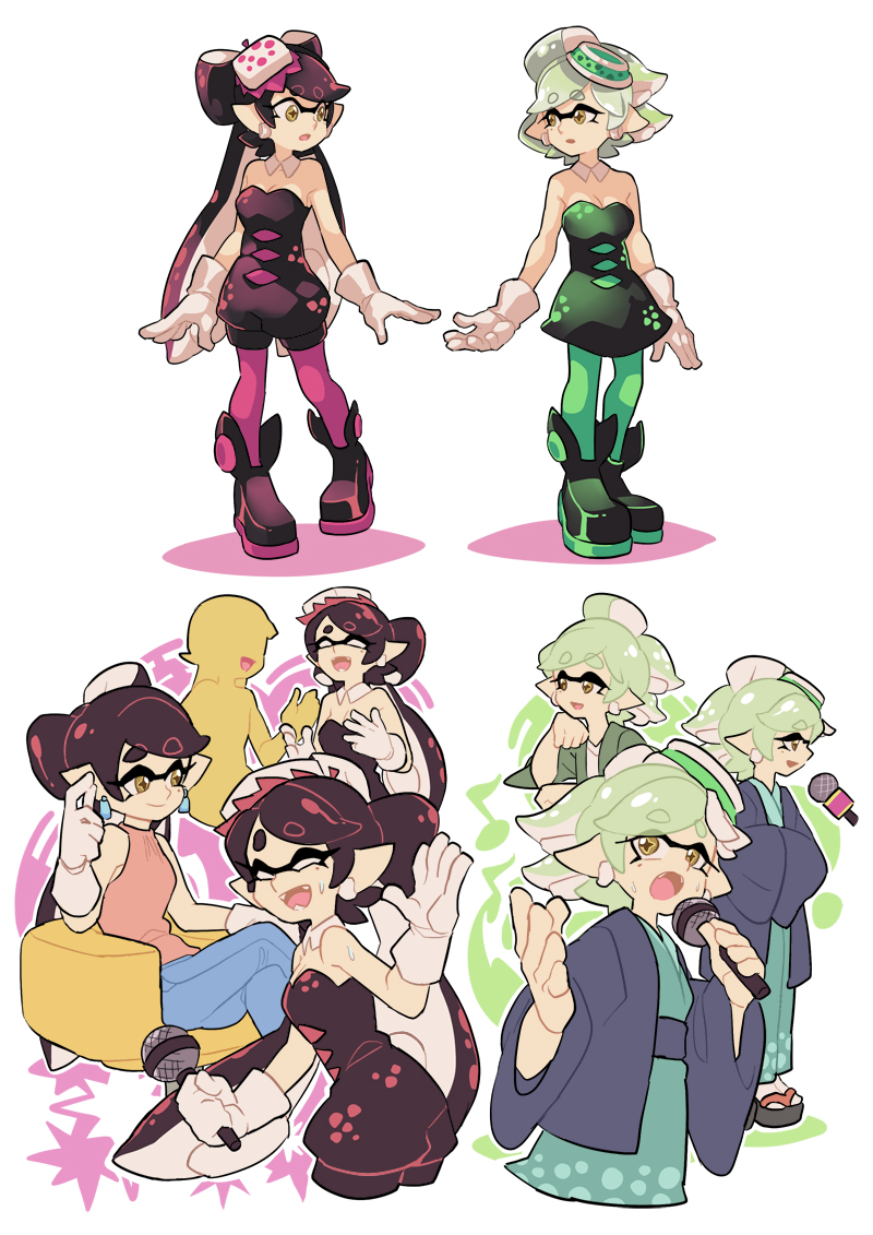 +_+ 2girls ankle_boots aori_(splatoon) black_boots black_dress boots brown_eyes casual character_name closed_eyes comic cousins denim detached_collar domino_mask dress earrings fangs gloves halterneck hand_holding holding holding_microphone hotaru_(splatoon) japanese_clothes jeans jewelry kimono laughing long_hair looking_back mask microphone multiple_girls pants parted_lips pink_shirt sandals shirt short_dress short_hair short_jumpsuit silent_comic sitting splatoon standing strapless strapless_dress sweat tabi tentacle_hair white_gloves wong_ying_chee younger