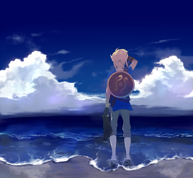 1boy back barefoot beach blonde_hair blue_sky boots_removed ciatoli clouds cloudy_sky day feet from_behind full_body gloves link ocean outdoors pants pointy_ears ponytail shield sky solo standing sword the_legend_of_zelda the_legend_of_zelda:_breath_of_the_wild water weapon
