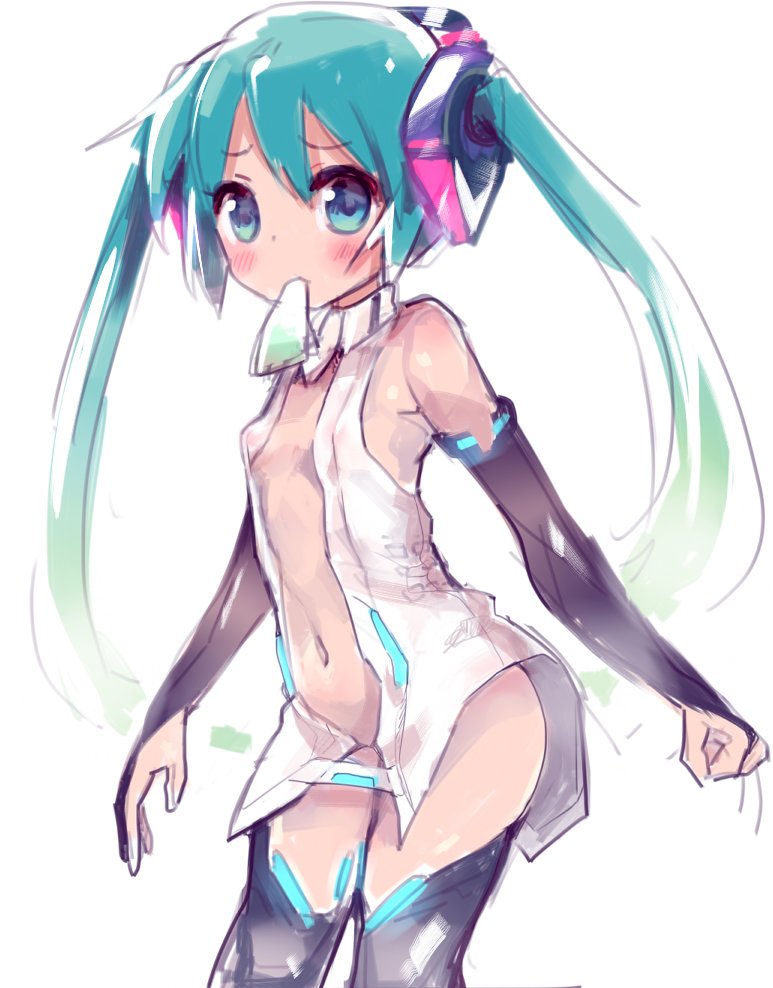 1girl aqua_eyes aqua_hair blush breasts bridal_gauntlets center_opening cowboy_shot green_hair hatsune_miku hiyo_kotori long_hair looking_at_viewer miku_append mouth_hold navel simple_background small_breasts solo thigh-highs twintails very_long_hair vocaloid vocaloid_append white_background