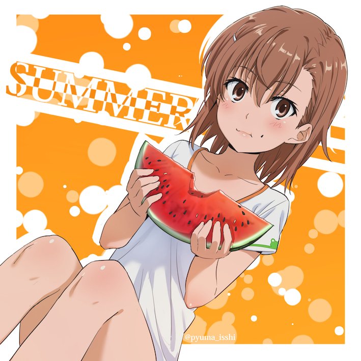 1girl blush brown_eyes brown_hair eating english food fruit hair_ornament hairpin misaka_mikoto puma_(hyuma1219) shiny shiny_hair shiny_skin to_aru_kagaku_no_railgun to_aru_majutsu_no_index watermelon