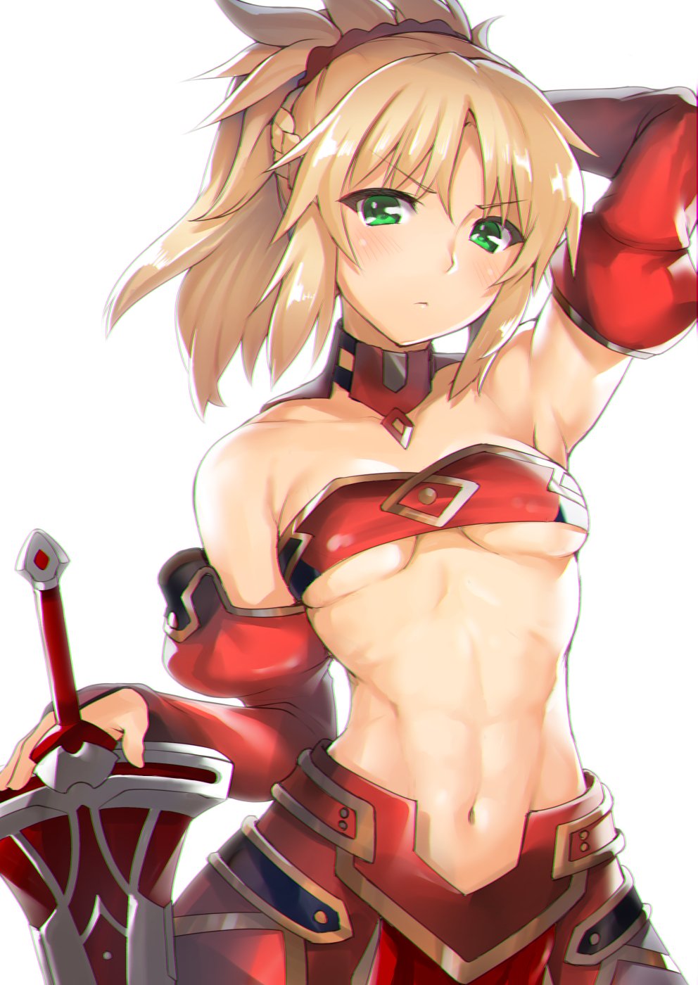 1girl bandeau bare_shoulders blonde_hair breasts clarent fate/apocrypha fate_(series) gloves green_eyes highres long_hair looking_at_viewer navel planted_sword planted_weapon ponytail red_gloves saber_of_red shiba_nanasei shiny shiny_hair simple_background small_breasts solo sword toned under_boob weapon white_background