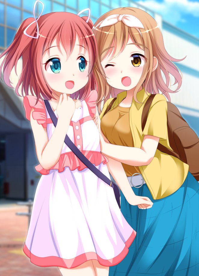 2girls :d ;d arm_hug backpack bag bangs belt blue_eyes blue_skirt blurry blurry_background blush brown_eyes brown_hair clenched_hands commentary_request dress eyebrows_visible_through_hair frills hair_ribbon kunikida_hanamaru kurosawa_ruby looking_at_another love_live! love_live!_sunshine!! multiple_girls one_eye_closed open_mouth pink_dress pink_ribbon rabipan redhead ribbon short_sleeves shoulder_bag skirt smile two_side_up