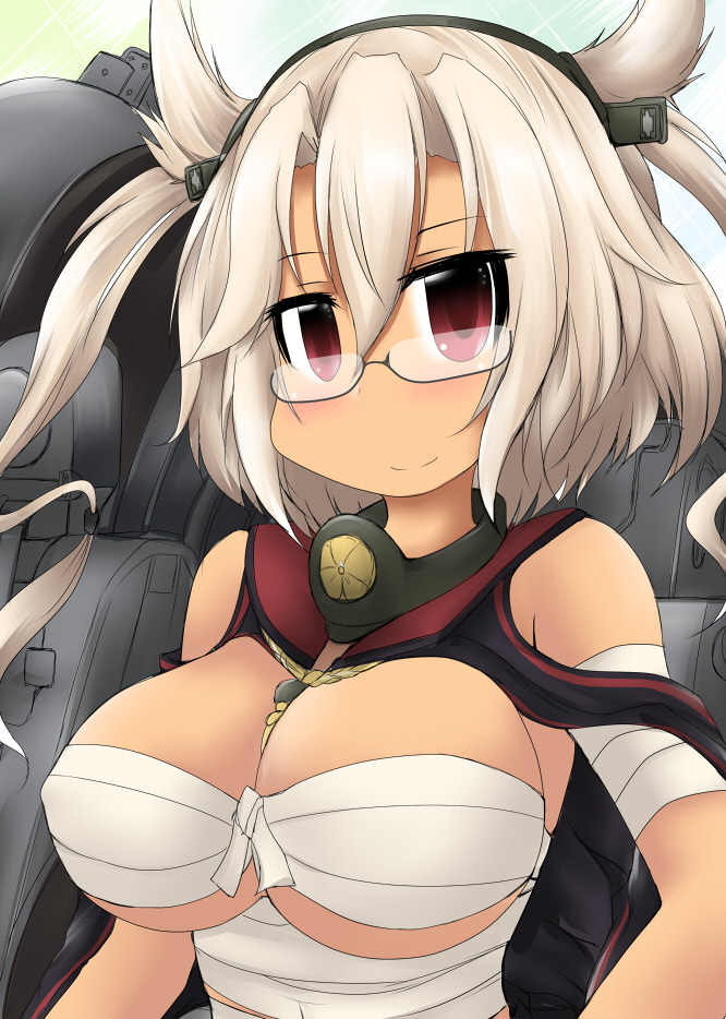 10s 1girl bandage bare_shoulders breasts erect_nipples glasses headgear kantai_collection large_breasts looking_at_viewer machinery musashi_(kantai_collection) ouno_(nounai_disintegration) pointy_hair red_eyes sarashi semi-rimless_glasses smile solo under-rim_glasses white_hair