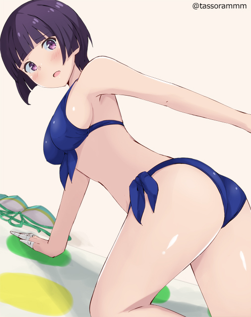 1girl all_fours ass bikini bikini_top_removed blue_bikini blush breasts dutch_angle eromanga_sensei front-tie_top looking_at_viewer looking_back medium_breasts purple_hair senju_muramasa short_hair side-tie_bikini sideboob simple_background solo swimsuit tasora twister twitter_username violet_eyes