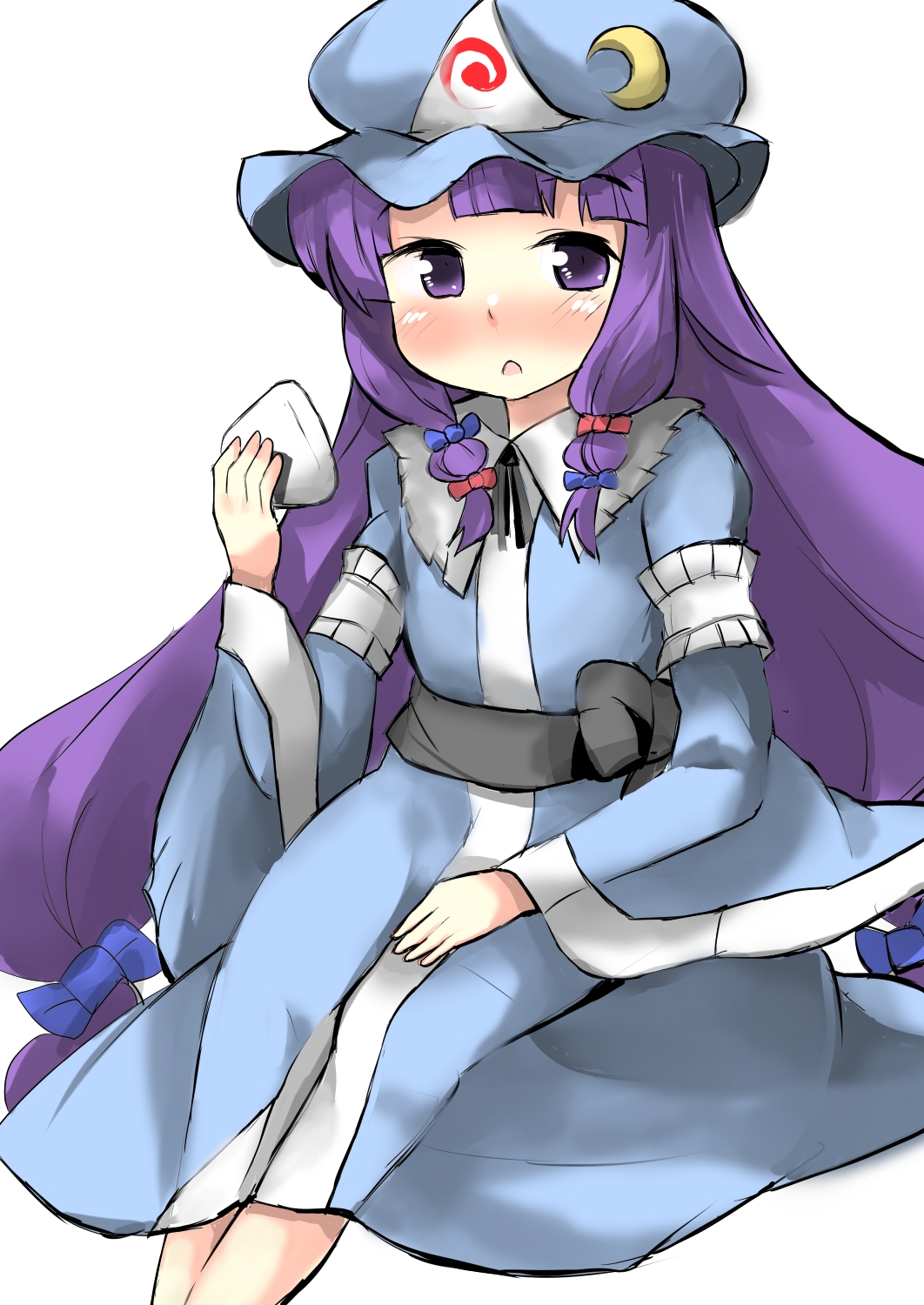 1girl blue_ribbon blush bow cosplay crescent dress food gaoo_(frpjx283) hair_bow hat highres long_hair looking_at_viewer mob_cap onigiri open_mouth patchouli_knowledge purple_hair red_ribbon ribbon saigyouji_yuyuko saigyouji_yuyuko_(cosplay) sash sitting solo touhou triangular_headpiece violet_eyes