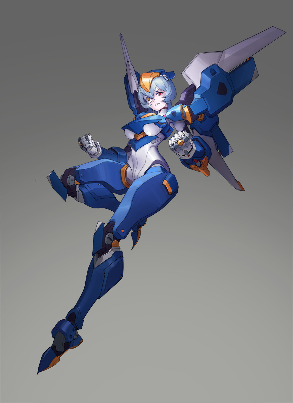 1girl armor armored_boots ayanami_rei bandage blue_hair bodysuit boots breasts clenched_hands cosplay eyepatch full_body gauntlets gradient gradient_background greaves head_mounted_display helmet highres jetpack kelvin_chan looking_at_viewer mecha mecha_musume medium_breasts neon_genesis_evangelion one_eye_covered overwatch parted_lips pharah_(overwatch) pharah_(overwatch)_(cosplay) pilot_suit plugsuit power_armor power_suit red_eyes short_hair shoulder_pads solo teeth thrusters turtleneck under_boob white_bodysuit