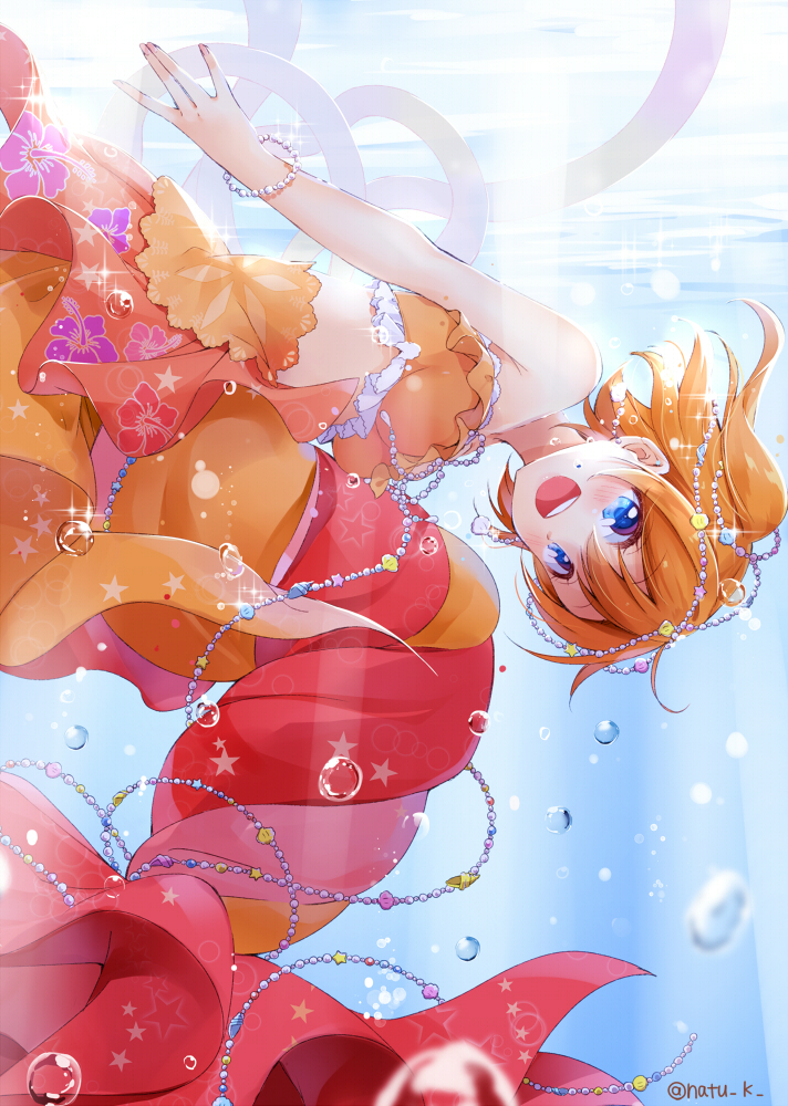 1girl :d \||/ bangs bent_over blue_eyes bracelet bubble circlet earrings hair_between_eyes hazuki_natsu jewelry kousaka_honoka looking_at_viewer love_live! love_live!_school_idol_festival love_live!_school_idol_project mermaid_costume one_side_up open_mouth orange_hair seashell shell smile solo star strapless twitter_username underwater