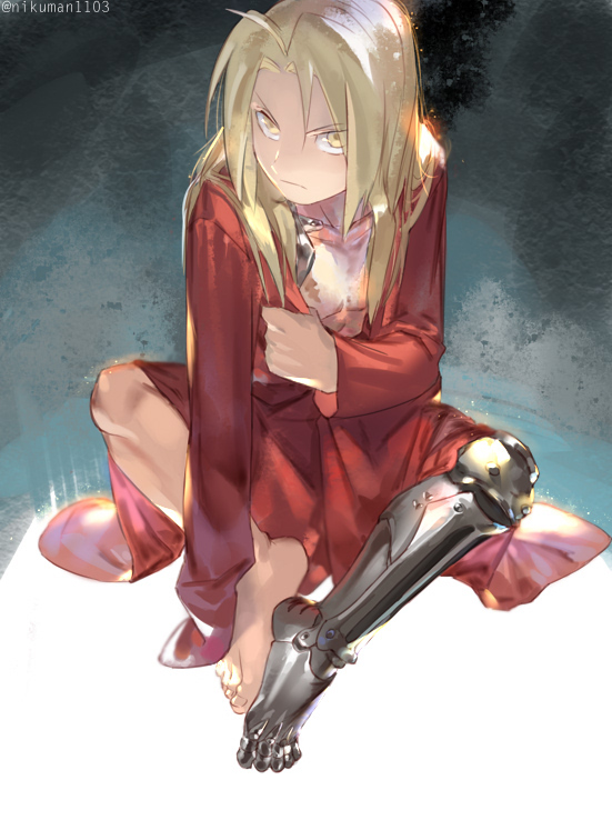 1boy artist_name automail bare_chest blonde_hair coat covering edward_elric eyebrows_visible_through_hair fullmetal_alchemist glowing holy_pumpkin long_hair looking_at_viewer looking_up nude_cover red_coat scar serious solo_focus twitter_username yellow_eyes