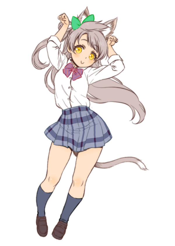 1girl animal_ears bangs bow bowtie bunny_pose cat_ears cat_tail clenched_hands collared_shirt green_bow grey_hair hair_bow kemonomimi_mode kneehighs loafers long_hair long_sleeves looking_at_viewer love_live! love_live!_school_idol_project minami_kotori navy_blue_legwear one_side_up otonokizaka_school_uniform paw_pose red_bow red_bowtie shinanoya_(satanicad) shirt shoes simple_background skirt sleeves_folded_up smile solo striped striped_bow striped_bowtie tail white_background white_shirt yellow_eyes