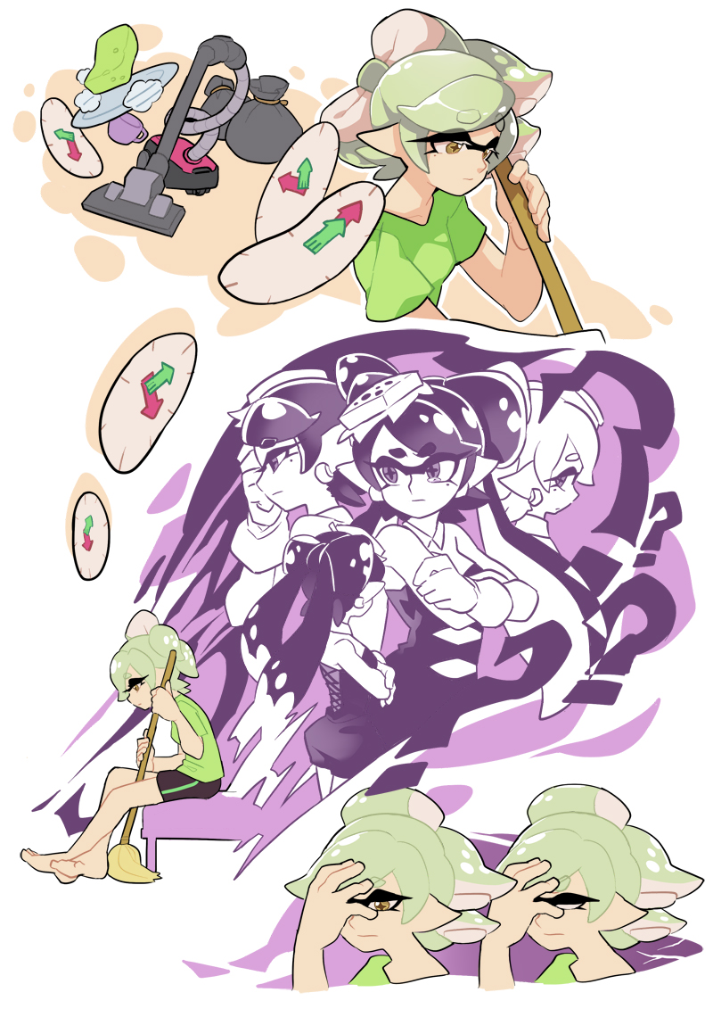 +_+ 2girls ankle_boots aori_(splatoon) arms_behind_back back-to-back bed black_boots black_hair blue_shorts boots casual cellphone comic cousins detached_collar domino_mask earrings food food_on_head gloves green_legwear green_shirt grey_hair holding holding_cellphone holding_phone hotaru_(splatoon) indoors inkling jewelry long_hair mask mole mole_under_eye multiple_girls night night_sky object_on_head phone pointy_ears purple_shirt purple_shorts shirt short_hair short_jumpsuit shorts silent_comic sitting sky smartphone splatoon standing sushi t-shirt tentacle_hair white_gloves wong_ying_chee