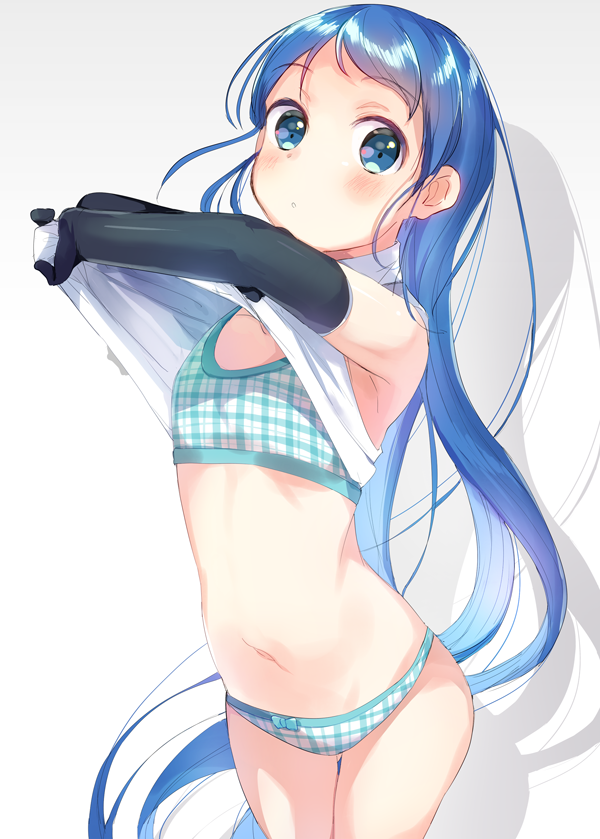 10s 1girl :o black_gloves blue_eyes blue_hair blush bow bow_panties bra commentary_request cowboy_shot elbow_gloves flat_chest gloves gradient gradient_background kantai_collection lifted_by_self long_hair looking_at_viewer navel otk_do panties plaid plaid_bra plaid_panties samidare_(kantai_collection) shirt_lift silhouette solo underwear undressing very_long_hair