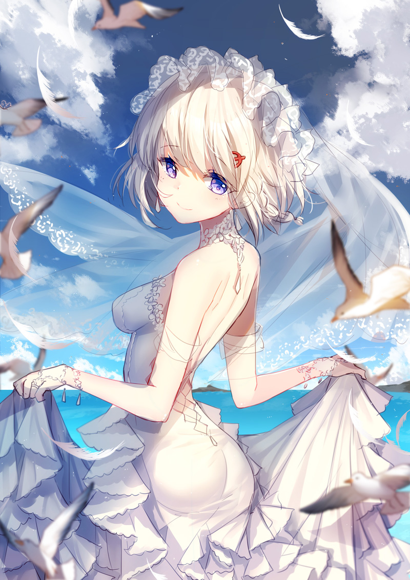 1girl _breasts ass bare_back bare_shoulders bird bison_cangshu blue_sky blush braid breasts bridal_veil bride closed_mouth clouds day dress dress_lift earrings elbow_gloves eyebrows_visible_through_hair eyelashes feathers frills from_behind gathers gloves hair_ornament hairclip jewelry looking_at_viewer looking_back medium_breasts mountain ocean open-back_dress outdoors revision ring sagging_breasts seagull see-through short_hair silver_hair sky sleeveless sleeveless_dress smile solo sovetsky_soyuz_(zhan_jian_shao_nyu) strapless strapless_dress veil violet_eyes wedding_dress wedding_ring wedgie white_choker white_dress white_gloves zhan_jian_shao_nyu