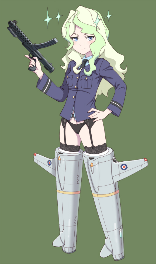 1girl blonde_hair blue_eyes crossover diana_cavendish garter_belt gun little_witch_academia long_hair meow_(nekodenki) panties strike_witches striker_unit thigh-highs underwear weapon world_witches_series