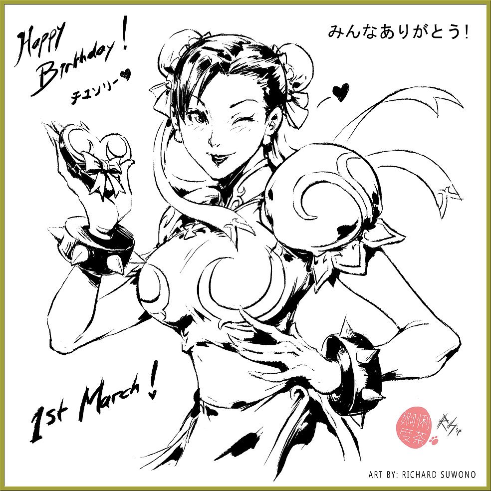 1girl bracelet breasts capcom china_dress chinese_clothes chun-li double_bun dress greyscale jewelry large_breasts looking_at_viewer monochrome one_eye_closed richard_suwono solo spiked_bracelet spikes street_fighter street_fighter_ii_(series)