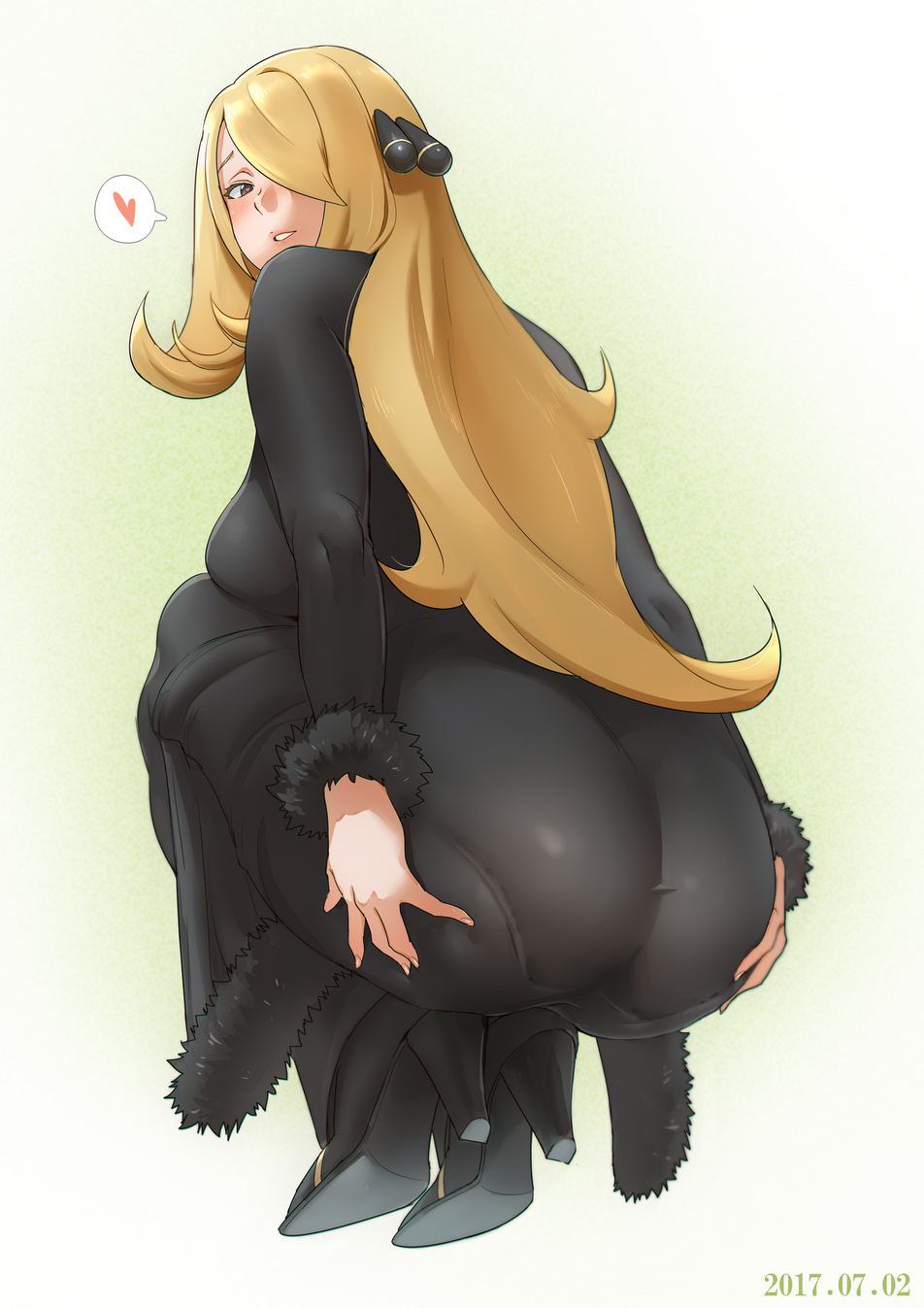 1girl ass blonde_hair blush breasts dated fur_trim gradient gradient_background hair_ornament hair_over_one_eye heart high_heels highres large_breasts long_hair pantylines pokemon pokemon_(game) pokemon_dppt shiroinuchikusyo shirona_(pokemon) skin_tight smile solo squatting