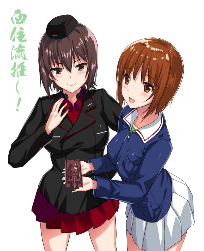 2girls bangs black_hat black_jacket blue_jacket brown_eyes brown_hair closed_mouth commentary_request cowboy_shot dress_shirt garrison_cap girls_und_panzer green_shirt ground_vehicle hat holding jacket kuromorimine_military_uniform long_sleeves looking_at_viewer military military_hat military_uniform military_vehicle miniskirt motor_vehicle multiple_girls nishizumi_maho nishizumi_miho ooarai_military_uniform open_mouth panzerkampfwagen_iv pleated_skirt red_shirt red_skirt saikawa_yusa shirt short_hair siblings simple_background sisters skirt smile standing tank throat_microphone toy_tank translated uniform white_background white_skirt