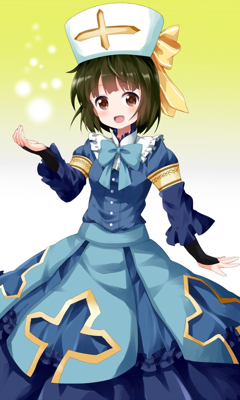 1girl :d blue_neckwear bow bowtie bridal_gauntlets brown_eyes brown_hair dress hat highres kin-iro_mosaic long_dress long_sleeves oomiya_shinobu open_mouth outstretched_hand ruu_(tksymkw) short_hair smile solo