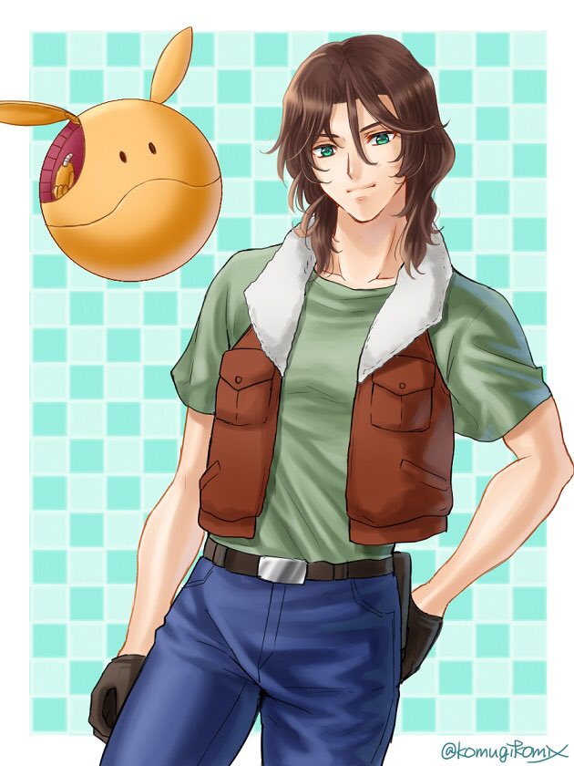 1boy brown_hair curly_hair denim green_eyes gundam gundam_00 hand_in_pocket haro jacket jeans komugikomix looking_at_viewer neil_dylandy pants robot smile