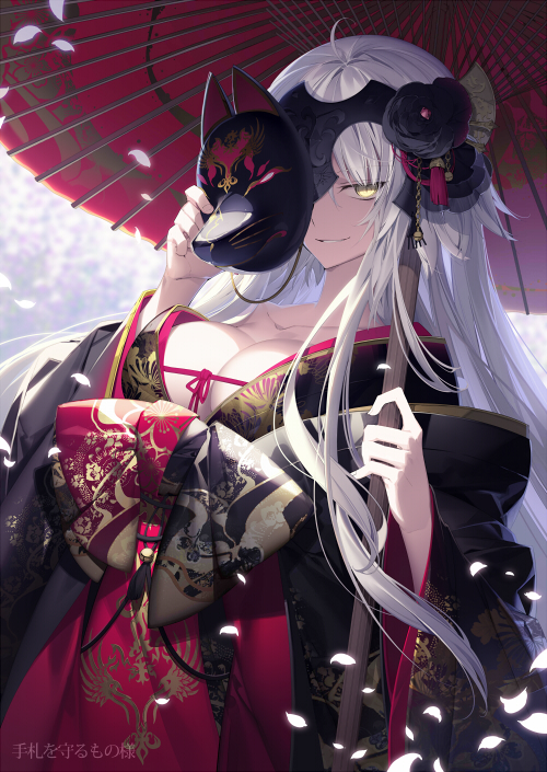 1girl alternate_costume blonde_hair breasts cherry_blossoms cleavage fate/grand_order fate_(series) flower fox_mask hair_flower hair_ornament headpiece japanese_clothes jeanne_alter kimono mask nekonabe_ao oriental_umbrella petals ruler_(fate/apocrypha) short_hair smile solo umbrella yellow_eyes