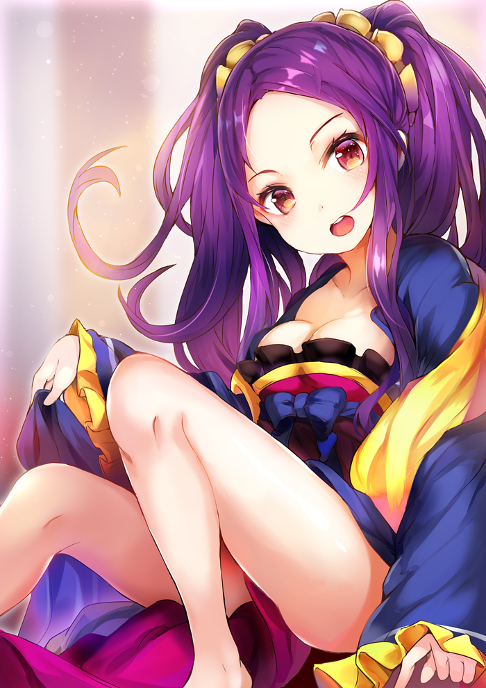 1girl assassin_of_the_nocturnal_castle bare_legs barefoot breasts cleavage fate/grand_order fate_(series) hair_ornament hair_scrunchie japanese_clothes kimono long_hair long_sleeves looking_at_viewer medium_breasts obi purple_hair red_eyes sash scrunchie sitting smile solo teeth twintails umagenzin upper_teeth very_long_hair wide_sleeves wu_zetian_(fate/grand_order)