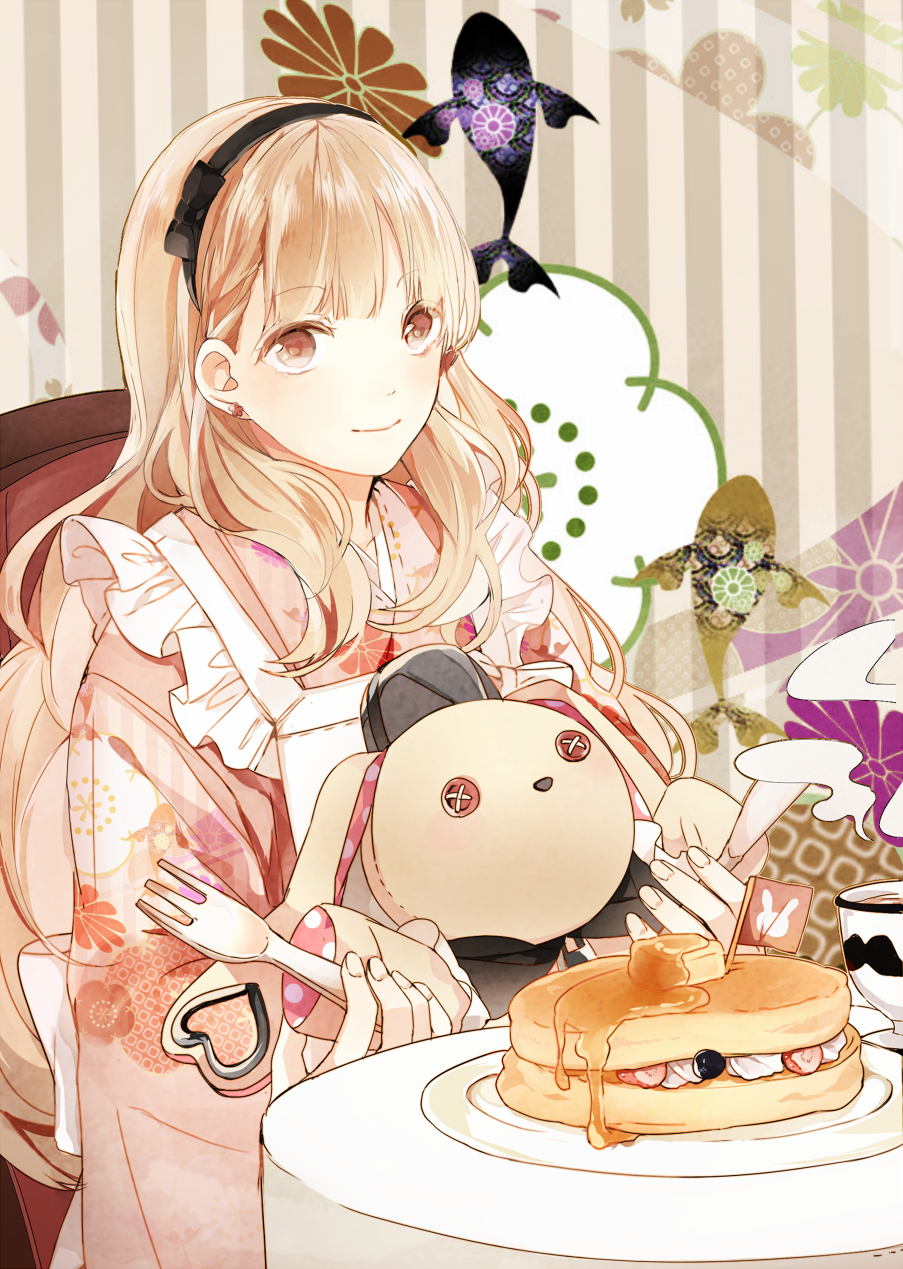 1girl alternate_costume apron bangs blonde_hair chair cup earrings eyebrows_visible_through_hair food fork hairband highres jewelry knife long_hair mayu_(vocaloid) plate prin_dog ribbon smile solo striped stuffed_animal stuffed_bunny stuffed_toy table usano_mimi vocaloid