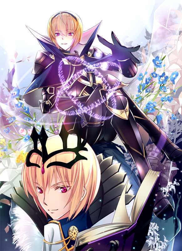 1boy armor blonde_hair cape crown fire_emblem fire_emblem_if floral_background gloves hair_ornament holding kokoron450 leon_(fire_emblem_if) light_smile looking_at_viewer red_eyes smile