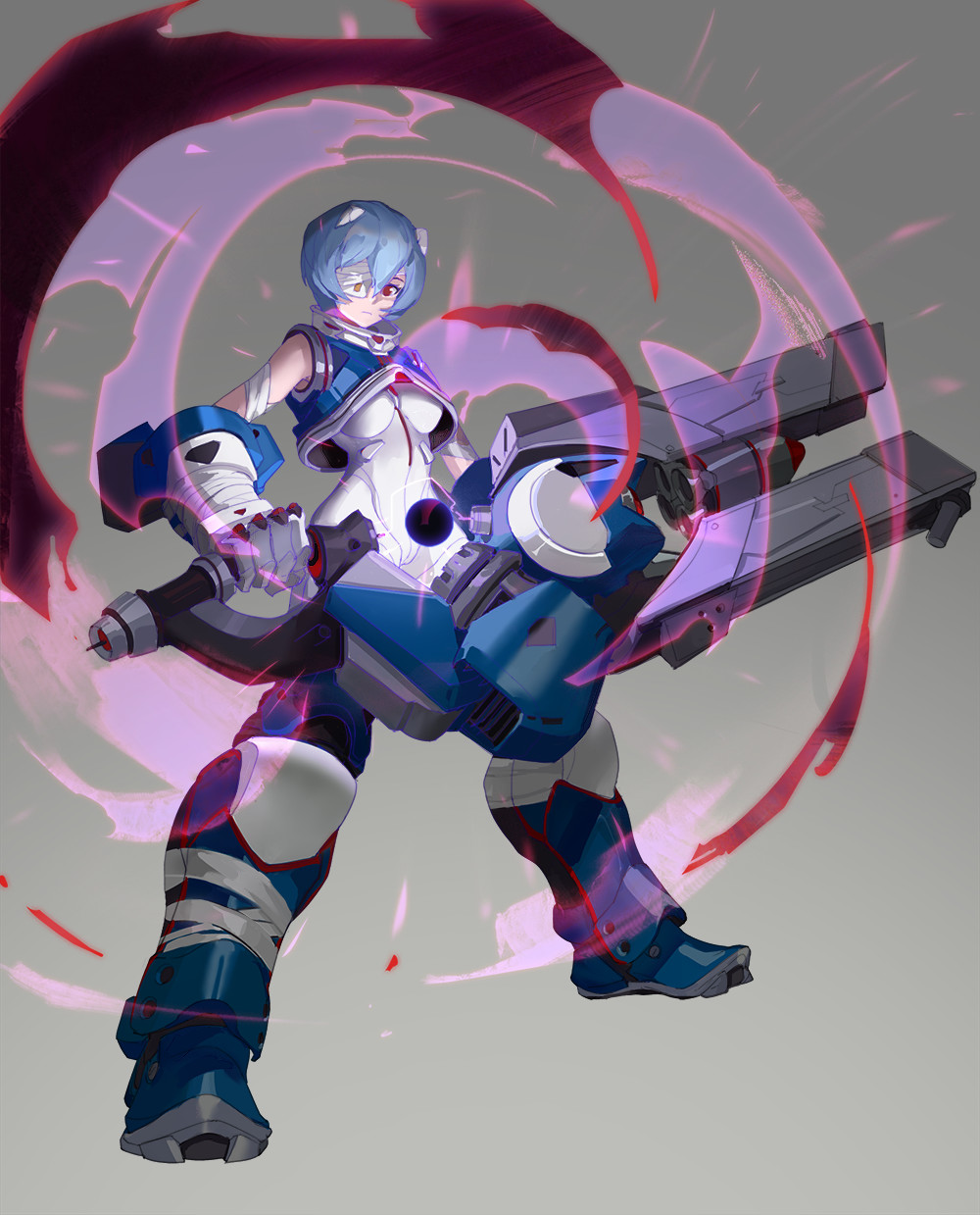 1girl armband armor armored_boots ayanami_rei bandage bandaged_arm blue_boots blue_eyes blue_gloves blue_hair bodysuit boots breasts closed_mouth cosplay elbow_pads energy_ball energy_gun eyelashes eyepatch full_body gauntlets gloves gradient gradient_background gravity_gun gun highres holding holding_gun holding_weapon huge_weapon kelvin_chan looking_at_viewer medium_breasts neon_genesis_evangelion one_eye_covered overwatch pants pilot_suit plugsuit red_eyes short_hair skin_tight sleeveless solo standing weapon white_bodysuit zarya_(overwatch) zarya_(overwatch)_(cosplay)