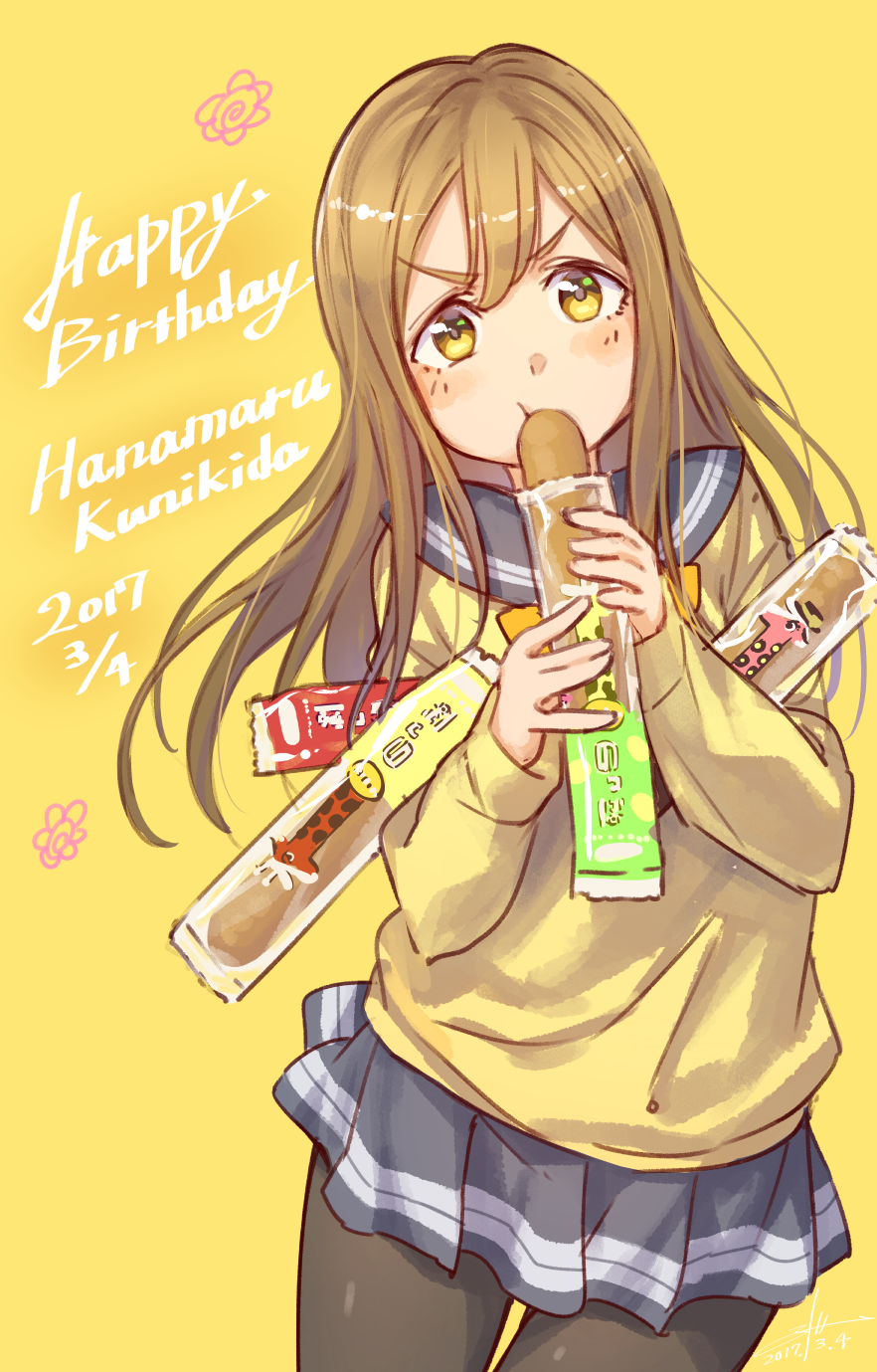 1girl baguette black_legwear bread brown_hair character_name dated eyebrows_visible_through_hair food grey_skirt happy_birthday highres holding holding_food kunikida_hanamaru long_hair looking_at_viewer love_live! love_live!_sunshine!! pantyhose skirt solo wedo yellow_background yellow_eyes