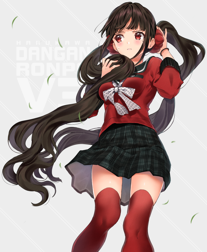 1girl bangs blunt_bangs bow bowtie bracelet breasts brown_hair character_name copyright_name dangan_ronpa english frown hair_ornament harukawa_maki holding holding_hair impossible_clothes impossible_shirt jewelry long_hair long_sleeves looking_away medium_breasts mole mole_under_eye new_dangan_ronpa_v3 plaid plaid_skirt red_eyes red_legwear school_uniform serafuku shirakino shirt skirt solo standing sweatdrop thigh-highs twintails very_long_hair wind