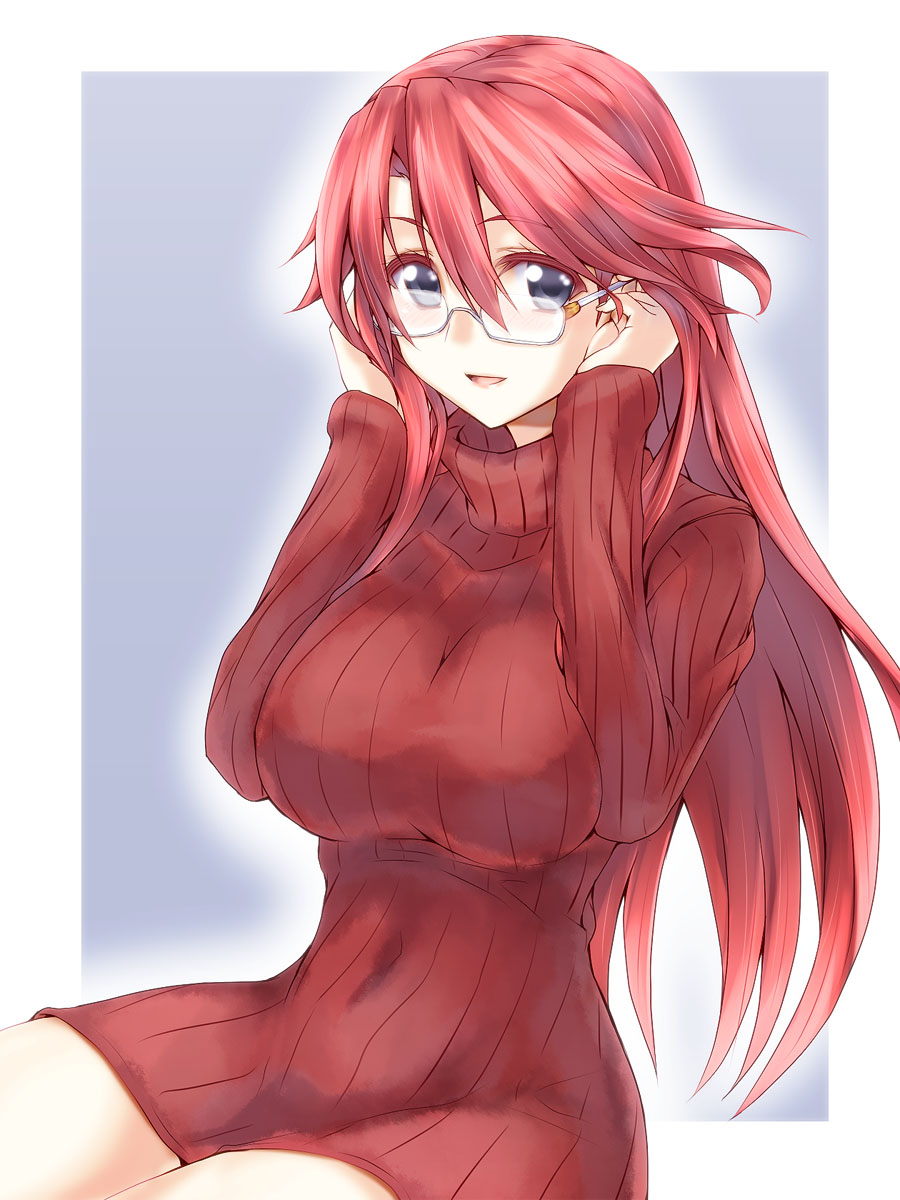 1girl :d adjusting_glasses aty_(summon_night) blue_eyes breasts commentary erect_nipples glasses highres large_breasts long_hair long_sleeves looking_at_viewer open_mouth red_sweater redhead ribbed_sweater semi-rimless_glasses silve sitting smile solo summon_night summon_night_3 sweater turtleneck turtleneck_sweater