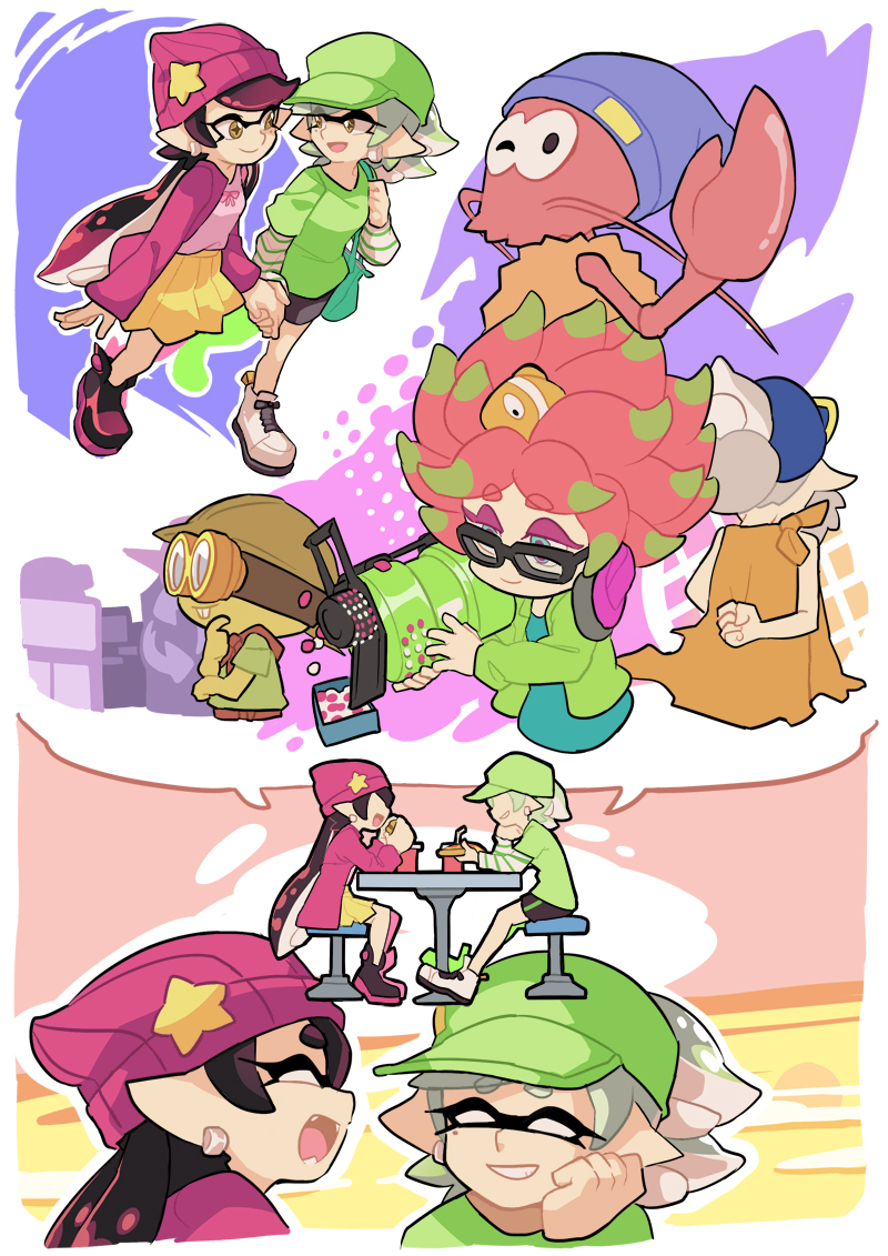 +_+ 2girls ankle_boots aori_(splatoon) arms_behind_back back-to-back bed black_boots black_hair blue_shorts boots casual cellphone comic cousins detached_collar domino_mask earrings food food_on_head gloves green_legwear green_shirt grey_hair holding holding_cellphone holding_phone hotaru_(splatoon) indoors inkling jewelry long_hair mask mole mole_under_eye multiple_girls night night_sky object_on_head phone pointy_ears purple_shirt purple_shorts shirt short_hair short_jumpsuit shorts silent_comic sitting sky smartphone splatoon standing sushi t-shirt tentacle_hair white_gloves wong_ying_chee