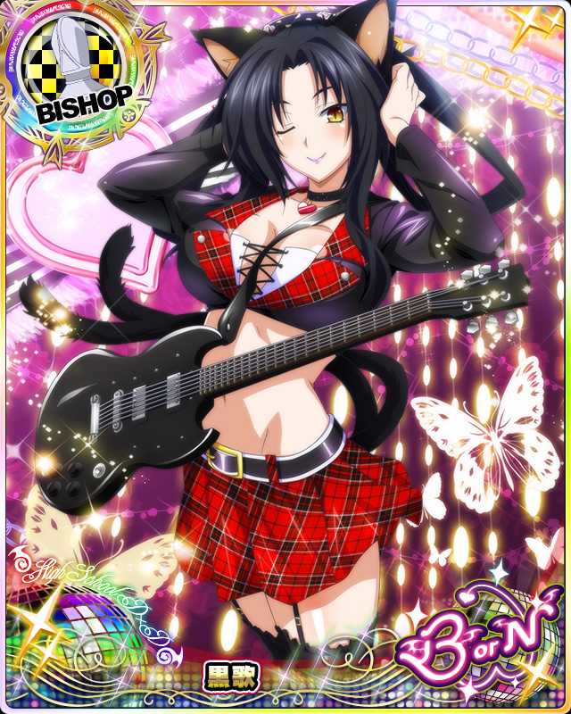 1girl animal_ears bishop_(chess) black_choker black_hair black_legwear breasts butterfly card_(medium) cat_ears cat_tail character_name chess_piece choker cleavage crop_top garter_straps guitar hair_rings hairband heart heart_choker heart_pendant high_school_dxd high_school_dxd_born instrument jewelry kuroka_(high_school_dxd) large_breasts lipstick long_hair makeup midriff multiple_tails navel official_art one_eye_closed pendant purple_lipstick skirt slit_pupils smile solo standing stomach tail thigh-highs trading_card yellow_eyes zettai_ryouiki