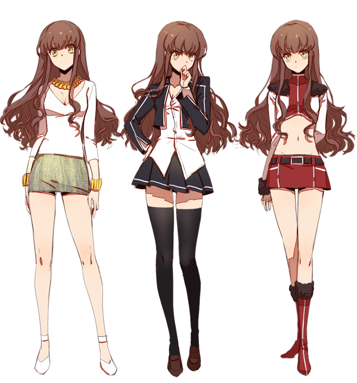1girl alternate_costume black_legwear boots brown_hair cosplay costume_chart costume_request cropped_jacket fate/extra fate/extra_ccc fate_(series) full_body hand_on_hip jewelry kishinami_hakuno_(female) liusang long_hair looking_at_viewer midriff miniskirt multiple_persona navel necklace skirt thigh-highs white_background yellow_eyes zettai_ryouiki