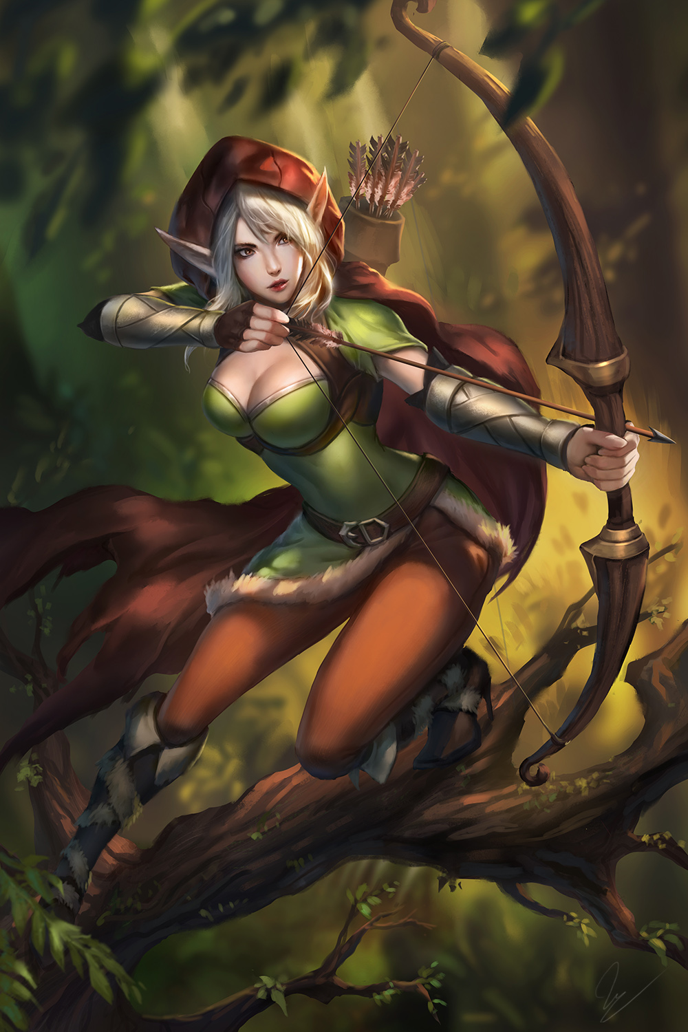 1girl aiming arrow bangs belt belt_buckle boots bow_(weapon) branch breasts brown_gloves brown_pants buckle cleavage cleavage_cutout cloak dress elbow_gloves elf fingerless_gloves forest full_body fur-trimmed_boots fur_trim gloves green_dress hands_up highres holding holding_bow_(weapon) holding_weapon hood hooded_cloak in_tree leaf medium_breasts nature nguyen_uy_vu nose original outdoors pants parted_lips pink_lips plant pointy_ears quiver red_cloak red_hood short_sleeves sidelocks solo tree vambraces violet_eyes weapon