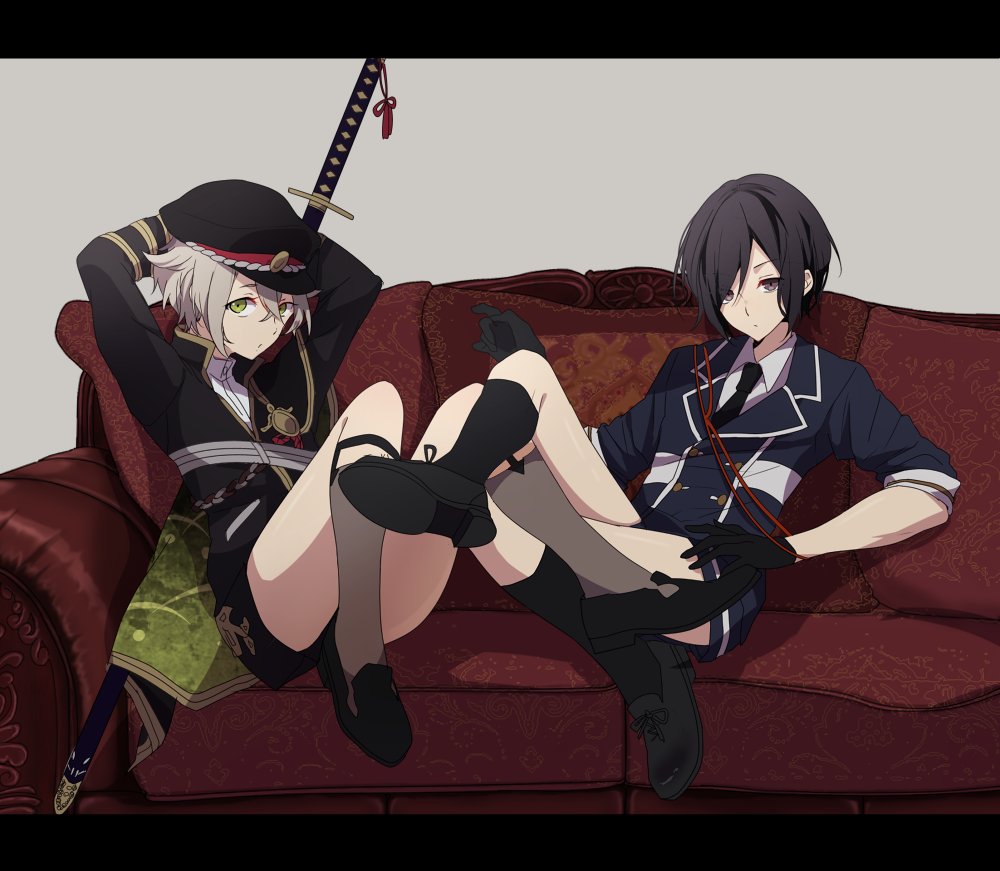 2boys anzai105 arms_behind_head black_gloves black_hair black_legwear cape couch garters gloves green_eyes grey_legwear hat hotarumaru kneehighs letterboxed male_focus military military_uniform multiple_boys necktie ootachi shorts silver_hair sitting sleeves_rolled_up sock_garters sword touken_ranbu uniform violet_eyes weapon yagen_toushirou