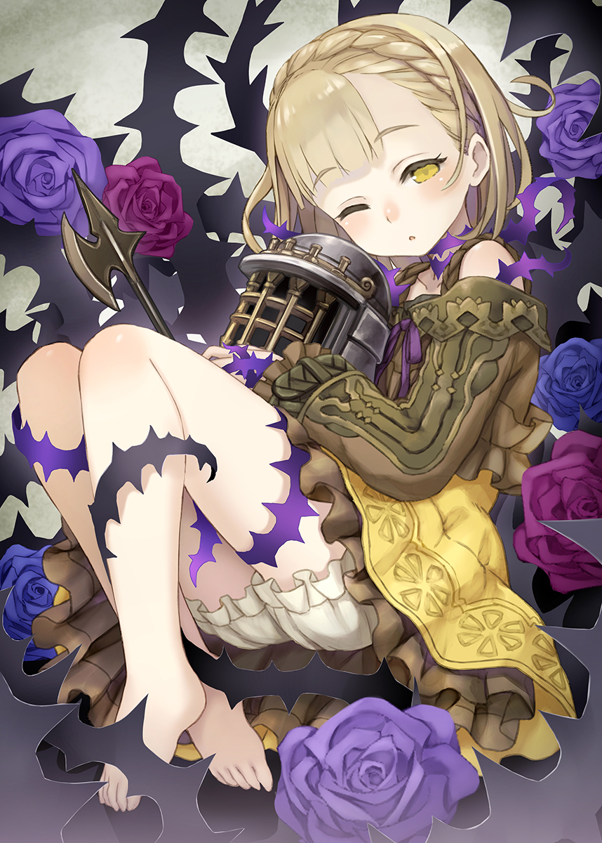 1girl ;o asymmetrical_bangs axe bangs barefoot bloomers blue_rose braid briar_rose_(sinoalice) brown_dress brown_hair collarbone crown_braid dress eyebrows_visible_through_hair flower frilled_dress frills full_body half-closed_eye head_tilt helmet highres knees_up long_sleeves looking_at_viewer looking_to_the_side namaru_(summer_dandy) neck_ribbon object_hug one_eye_closed parted_lips purple_ribbon purple_rose ribbon rose short_hair sinoalice sleepy solo thorns underwear weapon white_bloomers yellow_eyes