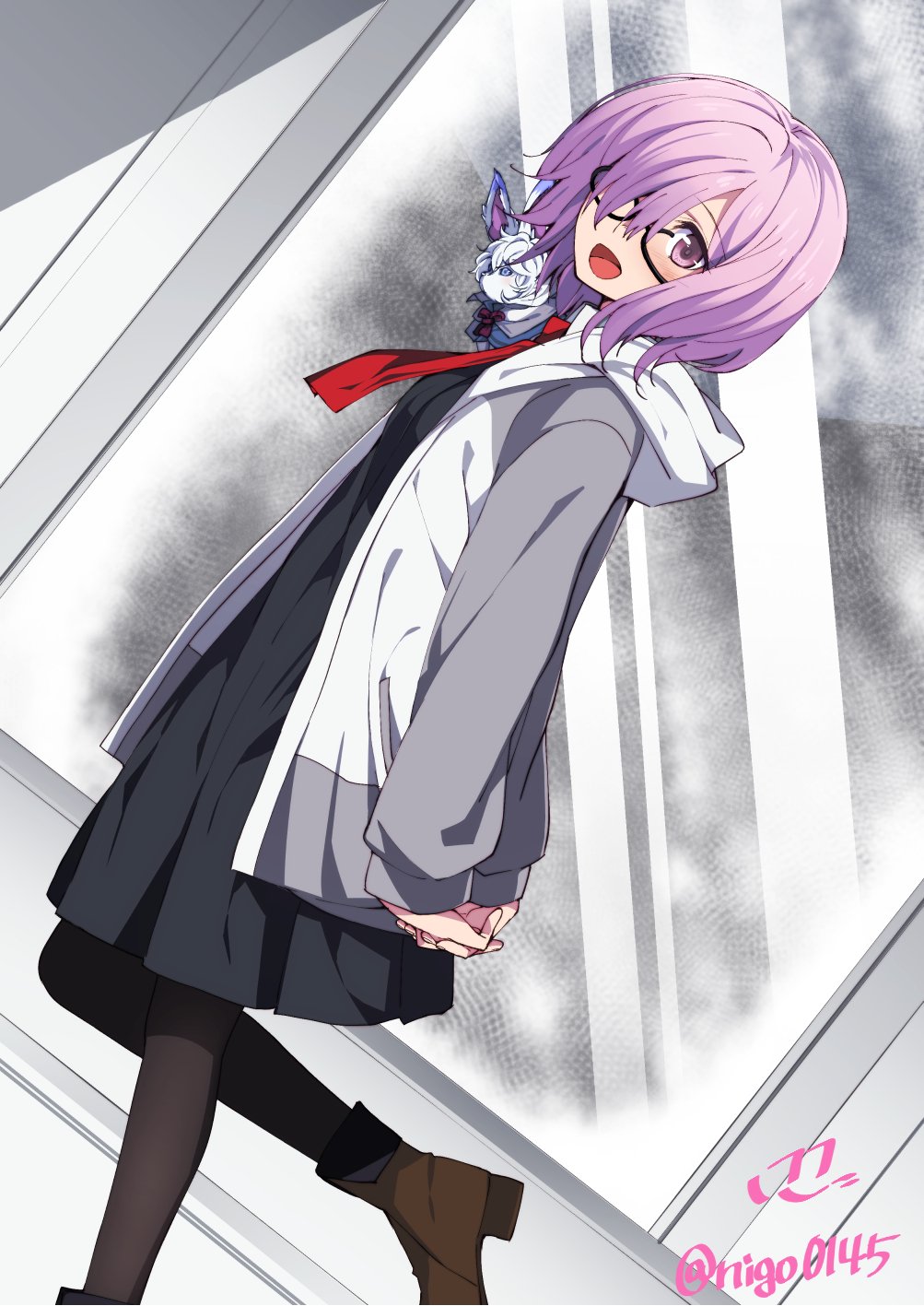 1girl :d animal animal_on_shoulder arms_at_sides black-framed_eyewear black_dress black_legwear blush boots brown_boots dress dutch_angle fate/grand_order fate_(series) fou_(fate/grand_order) from_side glasses hair_over_one_eye highres hood hoodie lavender_eyes lavender_hair long_sleeves looking_at_viewer looking_to_the_side necktie nigo_(aozoragarou) open_clothes open_hoodie open_mouth pantyhose red_necktie semi-rimless_glasses shielder_(fate/grand_order) short_hair smile under-rim_glasses