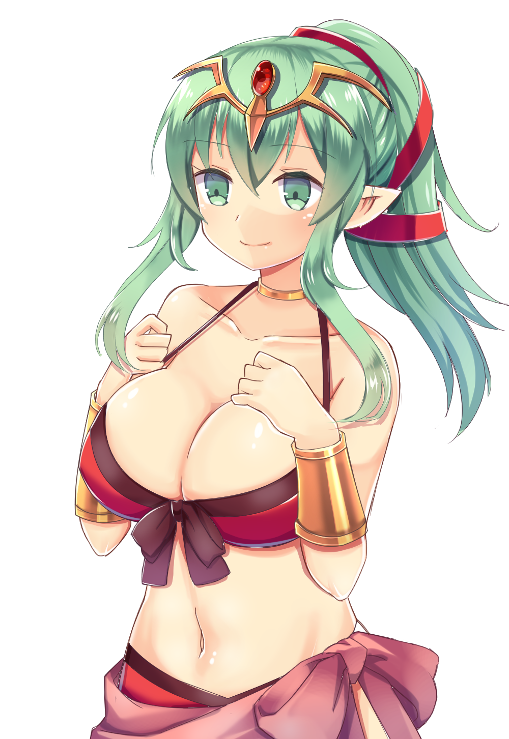 1girl bikini bracer breasts chiki choker cleavage fire_emblem fire_emblem:_kakusei fire_emblem_heroes front-tie_bikini front-tie_top green_eyes green_hair hair_ribbon highres large_breasts long_hair looking_at_viewer navel pointy_ears ponytail shira_yu_ki simple_background smile solo stomach swimsuit tiara