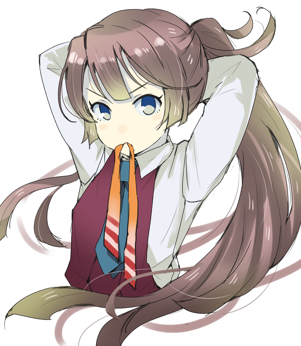 10s 1girl adjusting_hair blue_necktie brown_hair dress gedou_(ge_ge_gedou) grey_eyes kantai_collection kazagumo_(kantai_collection) long_hair long_sleeves mouth_hold necktie ponytail purple_dress shirt simple_background sleeveless sleeveless_dress solo very_long_hair white_background white_shirt