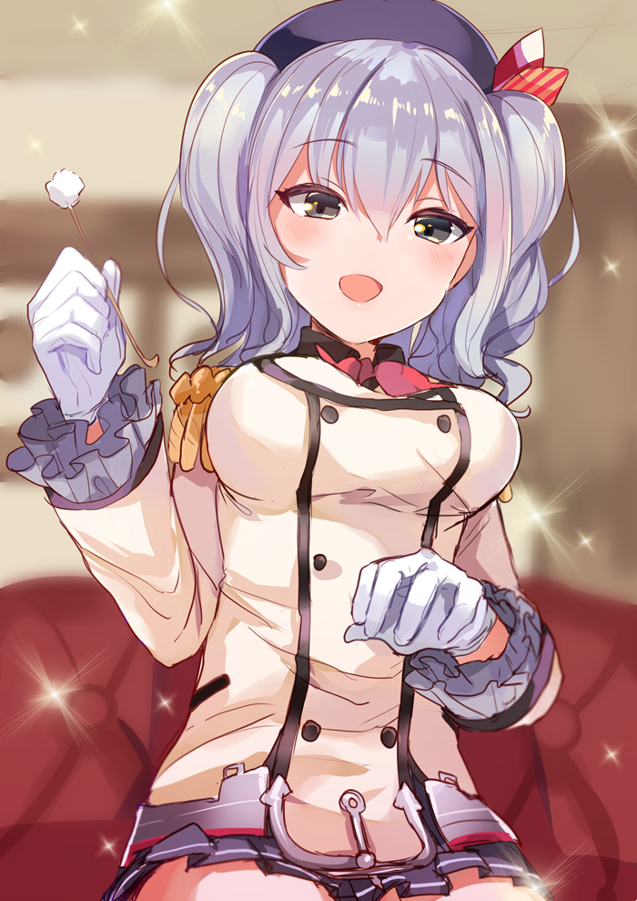 10s 1girl :d anchor bangs beret blurry breasts commentary_request couch depth_of_field double-breasted epaulettes eyebrows_visible_through_hair frilled_sleeves frills gloves grey_eyes hat holding indoors jacket kantai_collection kashima_(kantai_collection) kerchief long_hair long_sleeves looking_at_viewer medium_breasts military military_jacket military_uniform mimikaki open_mouth otk_do pleated_skirt silver_hair sitting skirt smile solo sparkle twintails uniform white_gloves