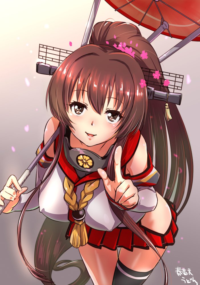 10s 1girl artist_name bare_shoulders breasts brown_eyes brown_hair cherry_blossoms collar detached_sleeves erect_nipples hair_between_eyes headgear hip_vent index_finger_raised kantai_collection large_breasts leaning_forward lips long_hair looking_at_viewer parted_lips pleated_skirt red_skirt shungikuten single_thighhigh skirt solo thigh-highs umbrella very_long_hair yamato_(kantai_collection) z_flag
