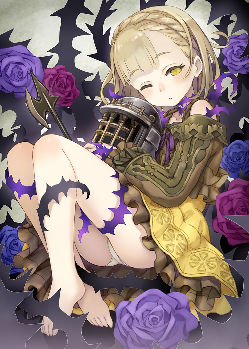 1girl ;o asymmetrical_bangs axe bangs barefoot blue_rose braid briar_rose_(sinoalice) brown_dress brown_hair collarbone commentary_request crown_braid dress eyebrows_visible_through_hair feet flower frilled_dress frills full_body half-closed_eye head_tilt helmet highres knees_up long_sleeves looking_at_viewer looking_to_the_side namaru_(summer_dandy) neck_ribbon object_hug one_eye_closed panties pantyshot pantyshot_(sitting) parted_lips purple_ribbon purple_rose ribbon rose short_hair sinoalice sitting sleepy solo thorns toes underwear weapon white_panties yellow_eyes