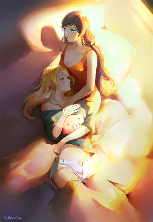 2girls ayase_eli blonde_hair blush breasts cleavage closed_eyes denim denim_shorts green_eyes lap_pillow long_hair love_live! love_live!_school_idol_project medium_breasts messy_hair midriff multiple_girls off_shoulder partially_unzipped purple_hair shorts sleeping smile stuffed_animal stuffed_pig stuffed_toy tank_top thighs tida_kietsungden toujou_nozomi yuri