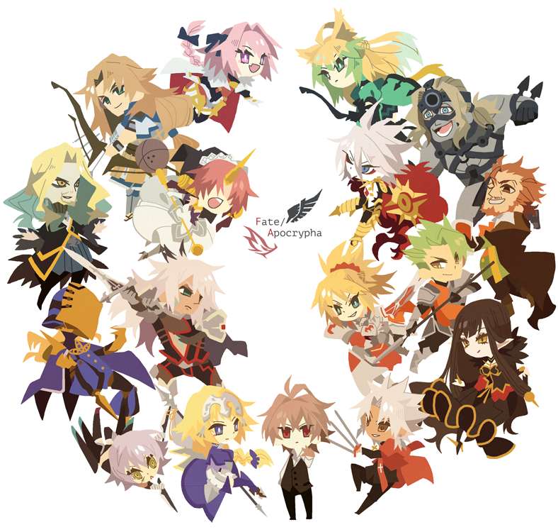 6+boys 6+girls @_@ ahoge animal_ears archer_of_black archer_of_red armor armored_dress assassin_of_black assassin_of_red balmung_(fate/apocrypha) bandage bandaged_arm bare_shoulders beard berserker_of_black berserker_of_red black_dress black_gloves black_hair black_legwear black_panties blonde_hair blue_eyes blush blush_stickers book bow bow_(weapon) bowtie braid breasts brown_eyes brown_hair buttons cape capelet caster_of_black caster_of_red cat_ears chibi cleavage coat commentary_request cross cross_necklace dagger dark_skin detached_sleeves dress earrings elbow_gloves facial_hair fang fate/apocrypha fate_(series) faulds flag full_body fur_collar fur_trim gauntlets gloves gradient_hair greaves green_eyes green_hair hair_between_eyes hair_over_eyes hair_ribbon headpiece horn jewelry karna_(fate) kotomine_shirou lancer_of_black long_hair long_sleeves mace mask multicolored_hair multiple_boys multiple_girls mustache necklace one_eye_closed open_mouth pale_skin panties pink_hair platinum_blonde pointy_ears polearm ponytail priest reaching_out red_eyes redhead renaissance_clothes ribbon rider_of_black rider_of_red ruler_(fate/apocrypha) saber_of_black saber_of_red scar short_hair silver_hair simple_background single_braid smile spear stole sword tail teeth thigh-highs trap two-tone_hair underwear veil very_long_hair vest violet_eyes wavy_hair weapon white_background white_dress white_gloves white_hair yellow_eyes