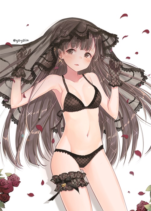 1girl armpits bangs bare_shoulders black_bra black_hair black_panties blunt_bangs blush bow bra braid breasts bridal_veil brown_eyes brown_hair cleavage closed_mouth collarbone earrings glint gloves hair_bow hands_up heart heart_earrings idolmaster idolmaster_cinderella_girls jewelry jewriel kobayakawa_sae long_hair medium_breasts panties petals see-through side_braid simple_background smile solo straight_hair underwear underwear_only upper_body veil white_background