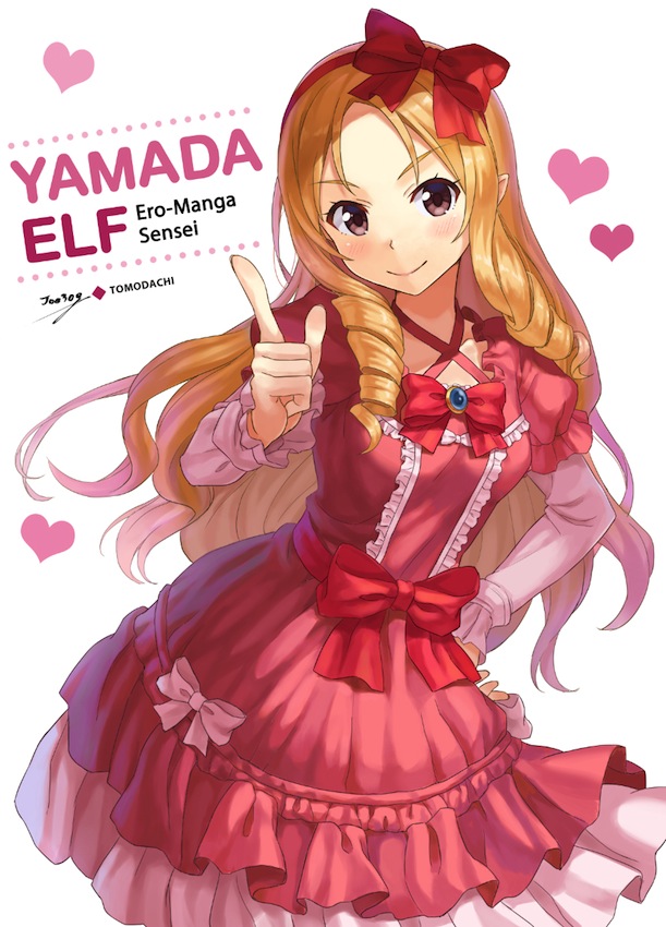 1girl blonde_hair blush bow brown_eyes character_name copyright_name drill_hair eromanga_sensei eyebrows_visible_through_hair hair_bow hand_on_hip heart index_finger_raised long_hair long_sleeves looking_at_viewer npcpepper red_bow signature smile solo upper_body yamada_elf